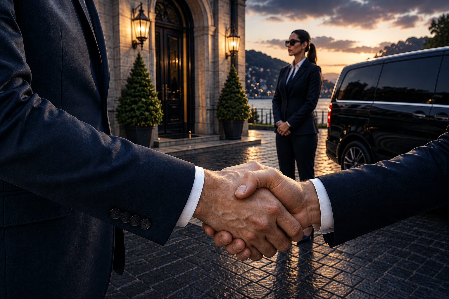 Poignée de main entre deux interlocuteurs devant une propriété de prestige, avec une agente de protection et un van noir aux vitres teintées dans un environnement bleu nuit élégant, symbole de confiance et de discrétion.