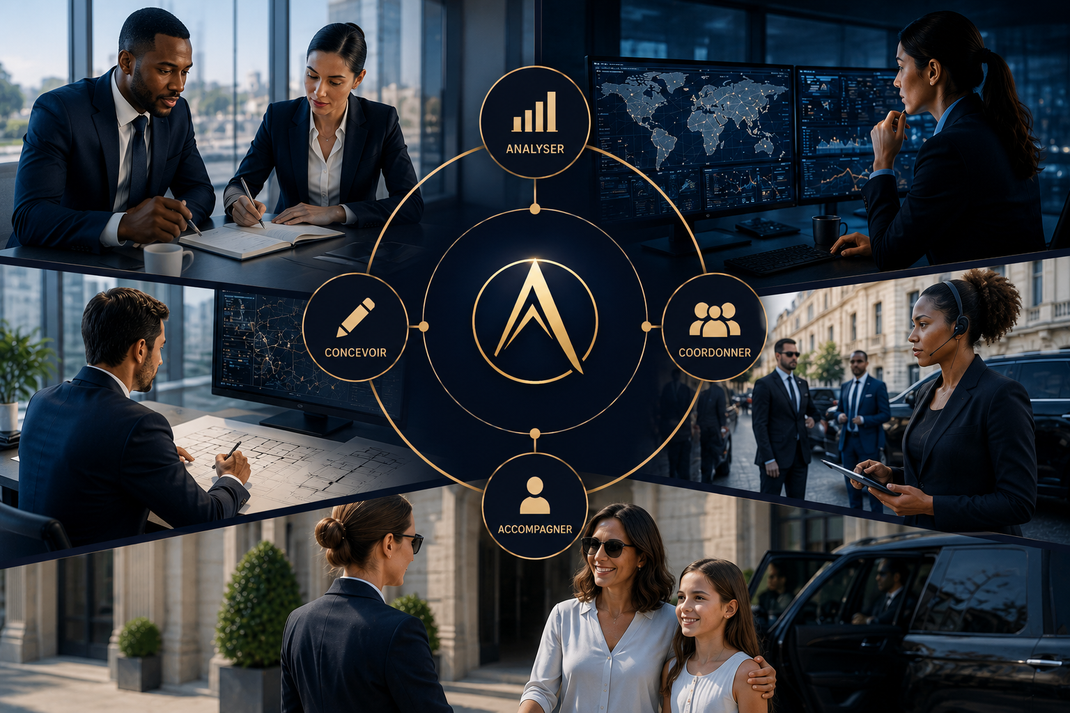 Infographie premium aux couleurs bleu nuit et doré illustrant les différentes étapes de la méthode AUREA Protection : comprendre, analyser, concevoir, coordonner et accompagner, avec des équipes multiculturelles et des scènes de protection rapprochée haut de gamme.