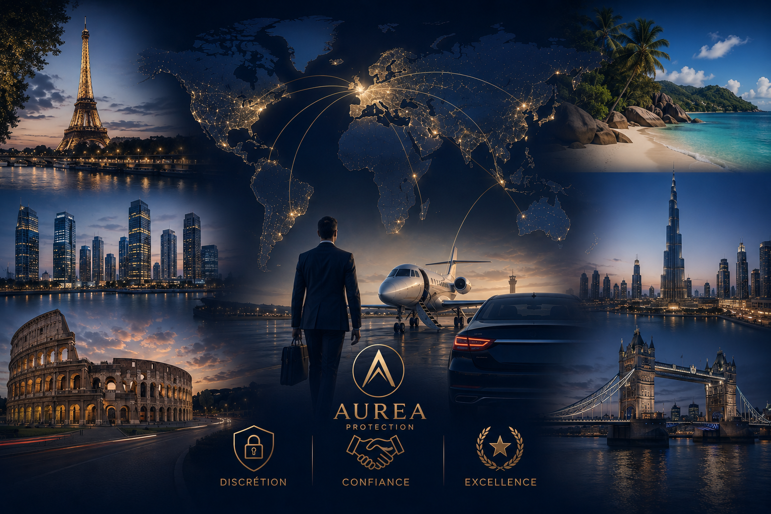 Montage premium illustrant la présence internationale d'AUREA Protection avec une carte du monde connectée, un jet privé, un véhicule haut de gamme et plusieurs destinations emblématiques telles que Paris, Rome, Londres et les Seychelles.