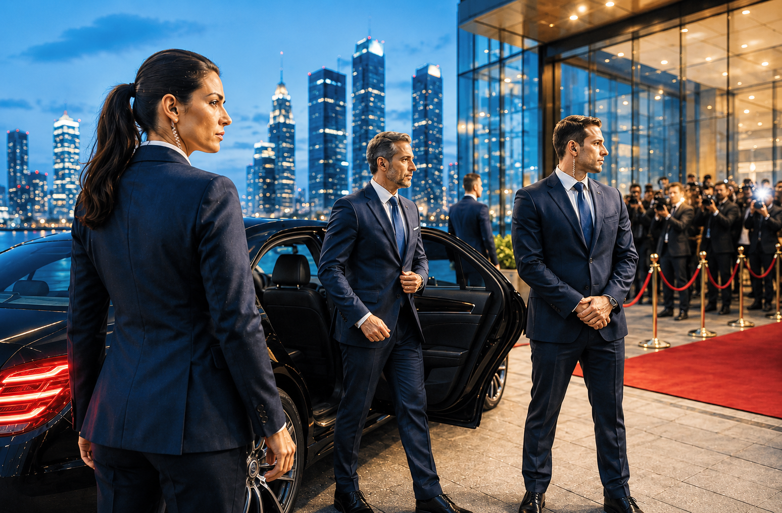 Agent de protection rapprochée féminin et agent masculin assurant la sécurité discrète de dirigeants et personnalités lors d'un événement prestigieux dans un environnement urbain haut de gamme.