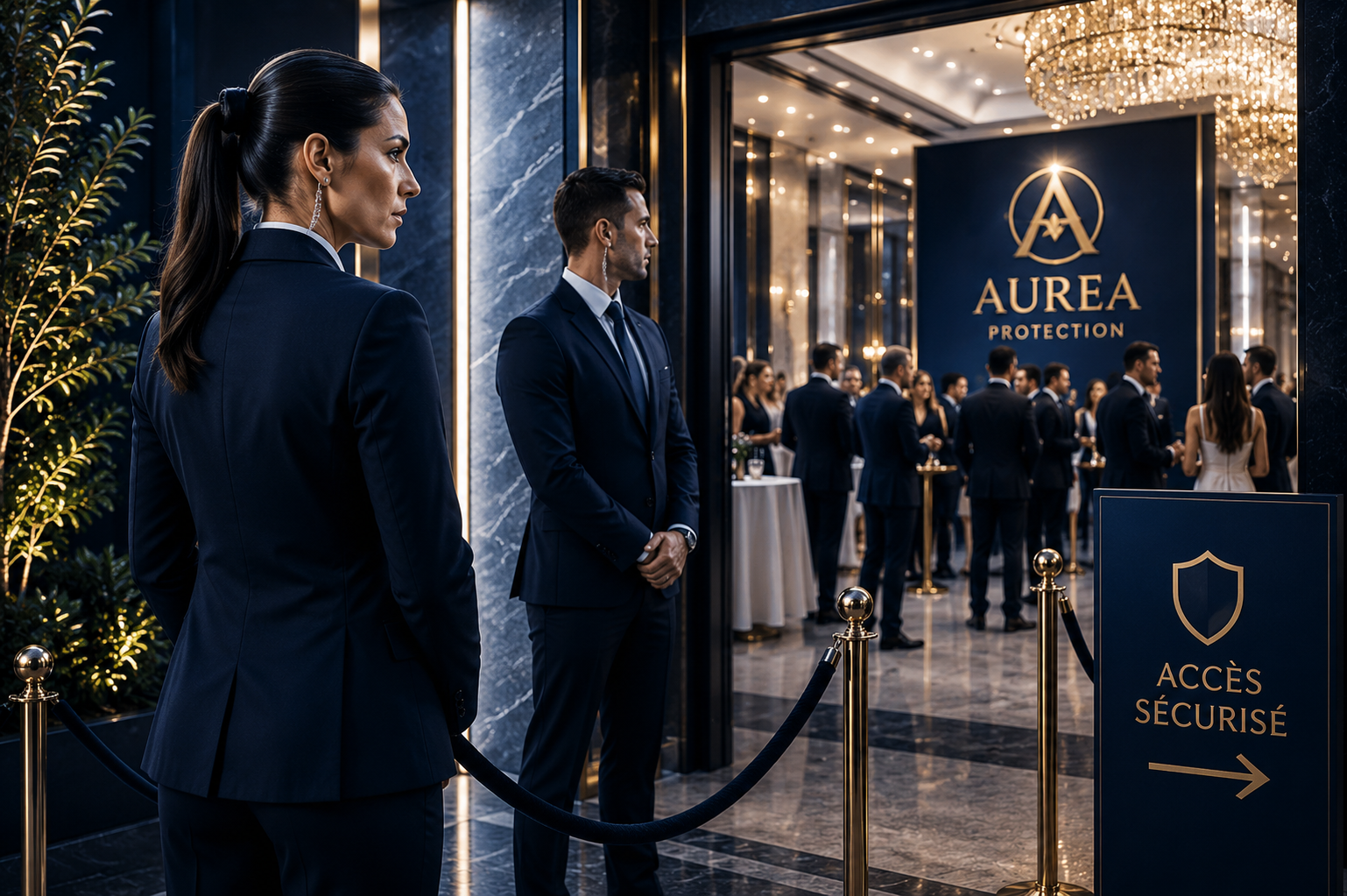 Agents de protection rapprochée, femme et homme, assurant la sécurité d'un événement haut de gamme dans un environnement prestigieux aux tonalités dorées.