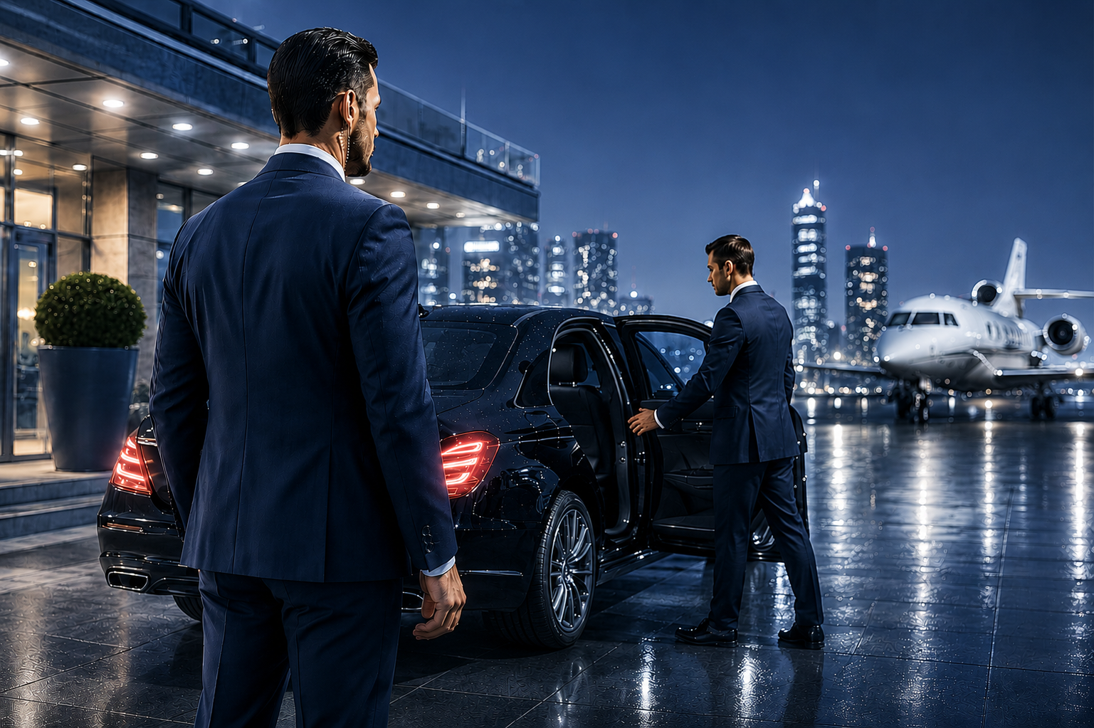 Chauffeur de sécurité exécutif et agent de protection rapprochée assurant la sécurisation d'un déplacement haut de gamme de nuit, avec véhicule de prestige et jet privé en arrière-plan.
