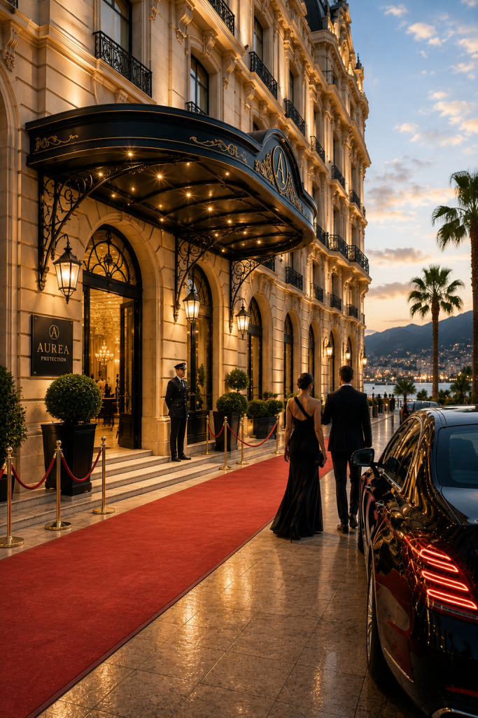 Entrée d'un palace de prestige avec tapis rouge, véhicule de luxe et clientèle haut de gamme, illustrant une sécurité discrète dans un environnement d'exception.